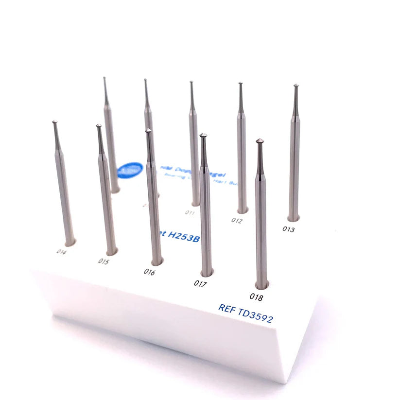 [127-1498] Komet Carbide Bur Set of 10 Bearing Hart 90° Fig. H253B (Sizes 0.90 - 1.80mm)